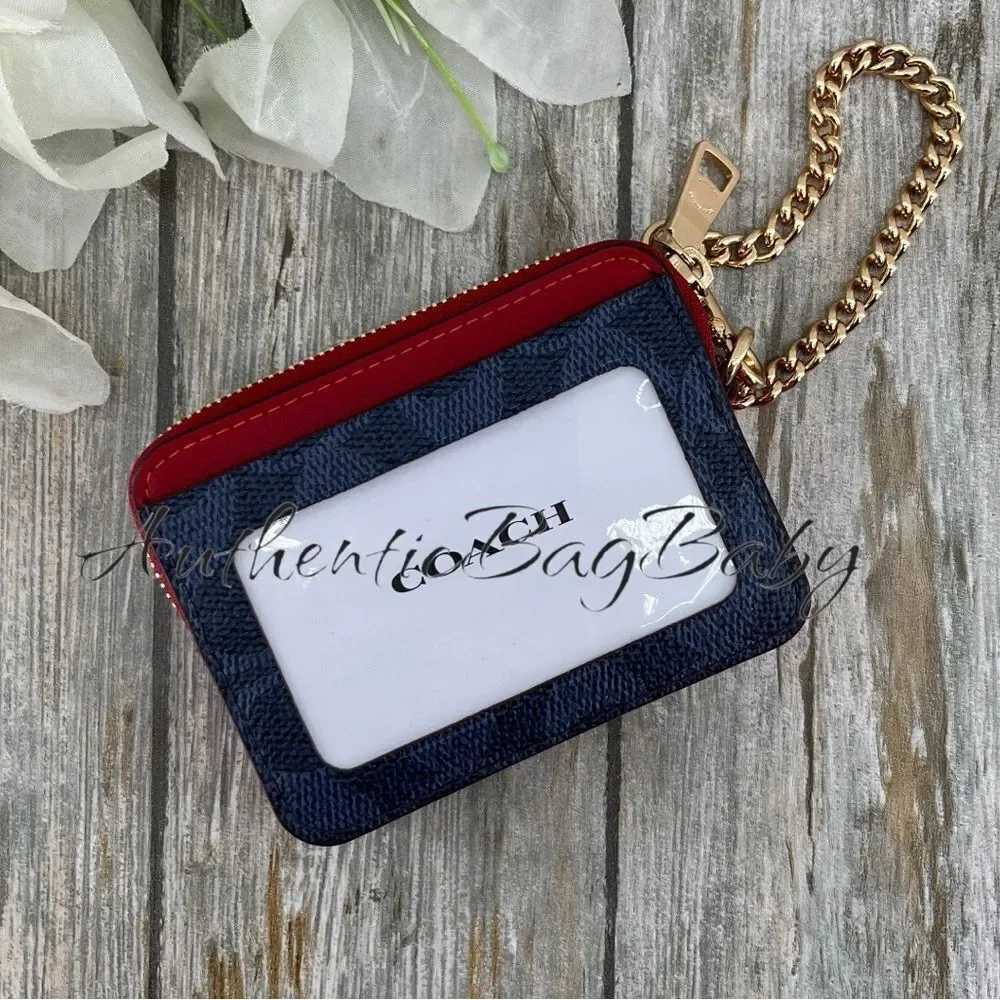 Coach Zip Card Case In Signature Canvas With Varsity Print Wallet Bag